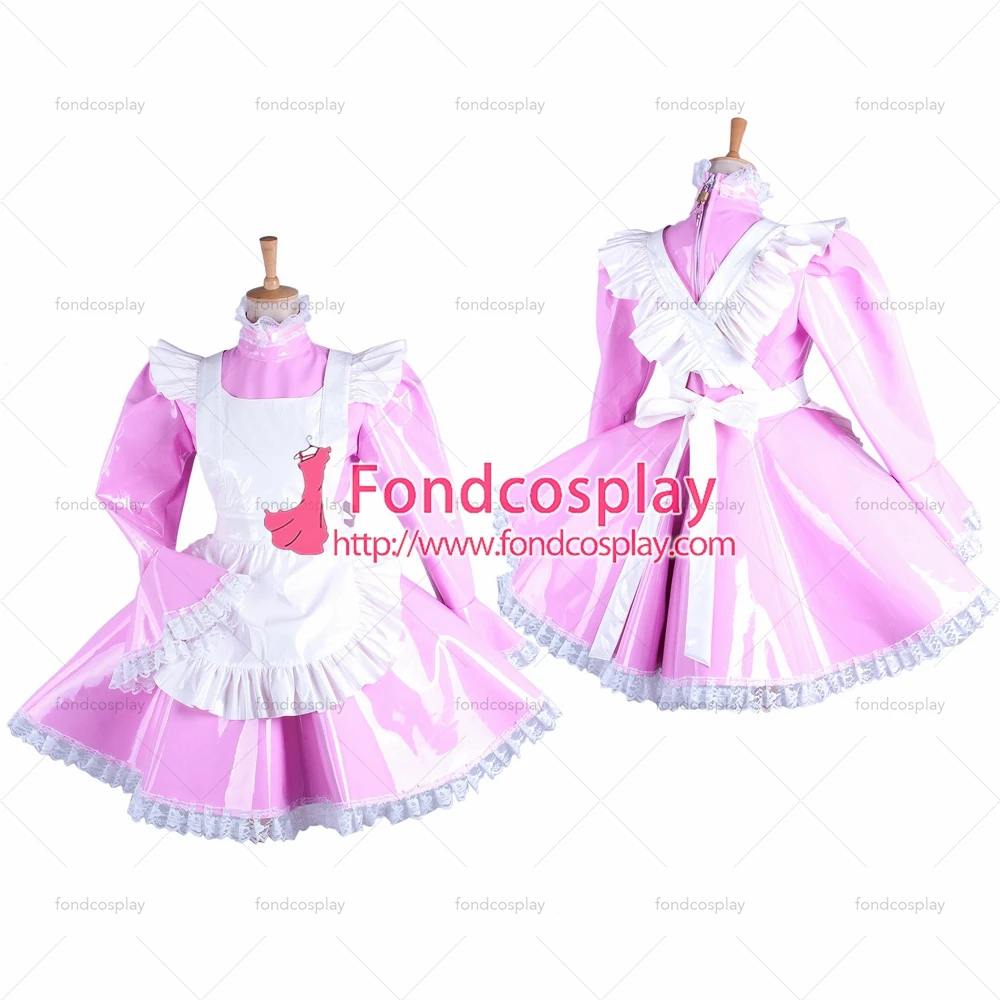 

fondcosplay adult cross dressing sissy maid short pink heavy PVC lockable Dress vinyl Uniform white apron Tailor-Made[G1547]