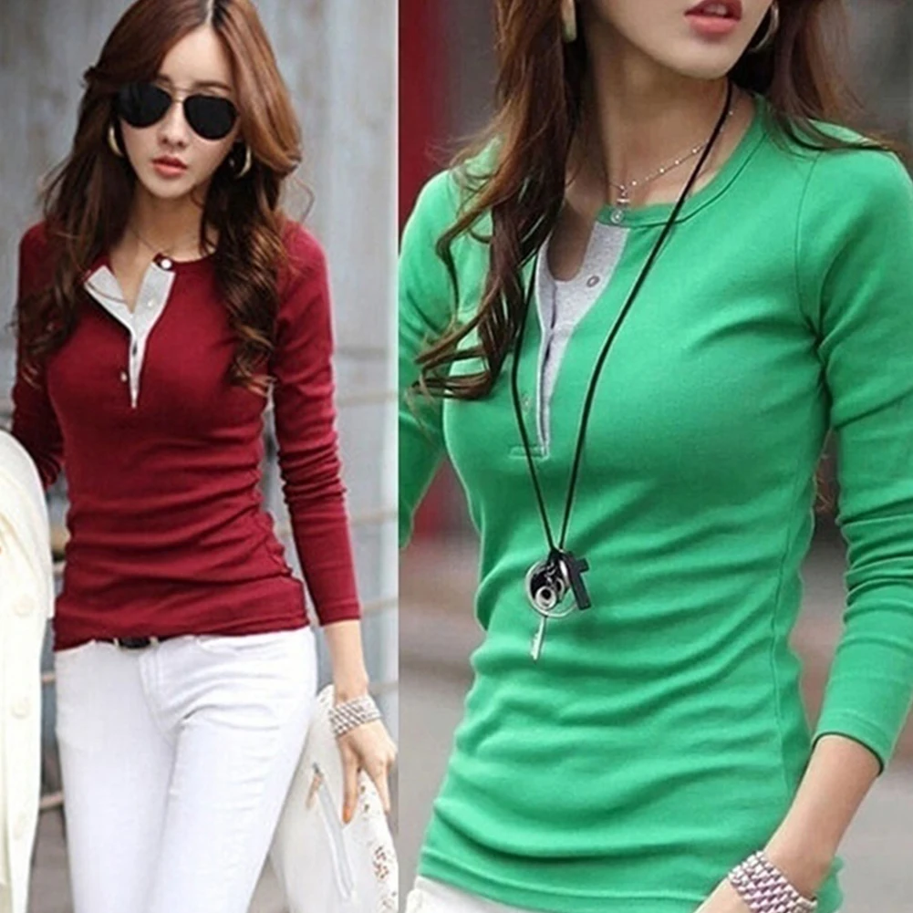 Модная зеленая и красная женская тонкая футболка с v образным вырезом длинным