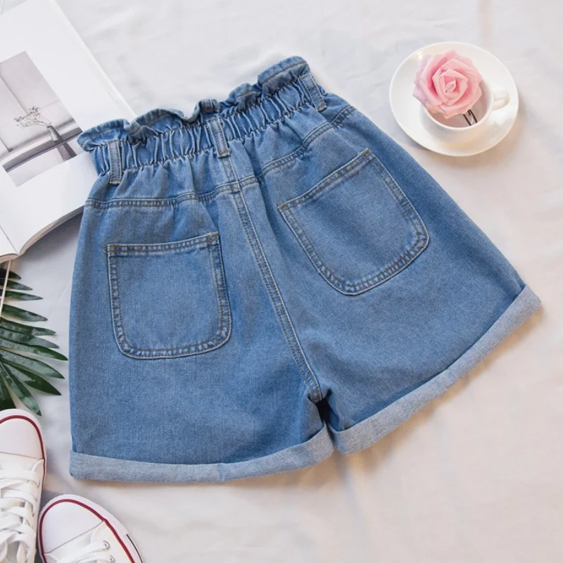 

Plus Size Summer Black Women's Denim Shorts Large Size Ruffle White High Waisted Shorts Elastic Waist Jeans for Women