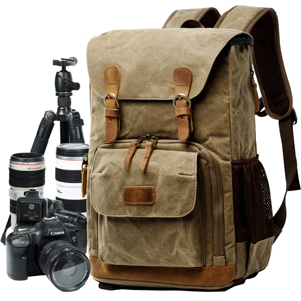 Camera Leather Backpack, Canvas DSLR SLR Camera Case Bag, Travel Laptop Backpack , Waterproof Shoulder Photographer Rucksack