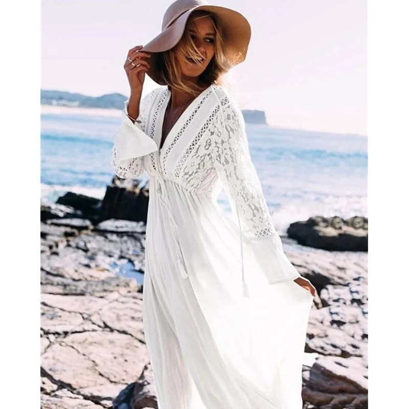 Elegant Peacock Blue Hollow Out Beach Dress Sexy Deep V Neck High Waist Plus Size Swimwear Women Tunic Cover Up N274 |