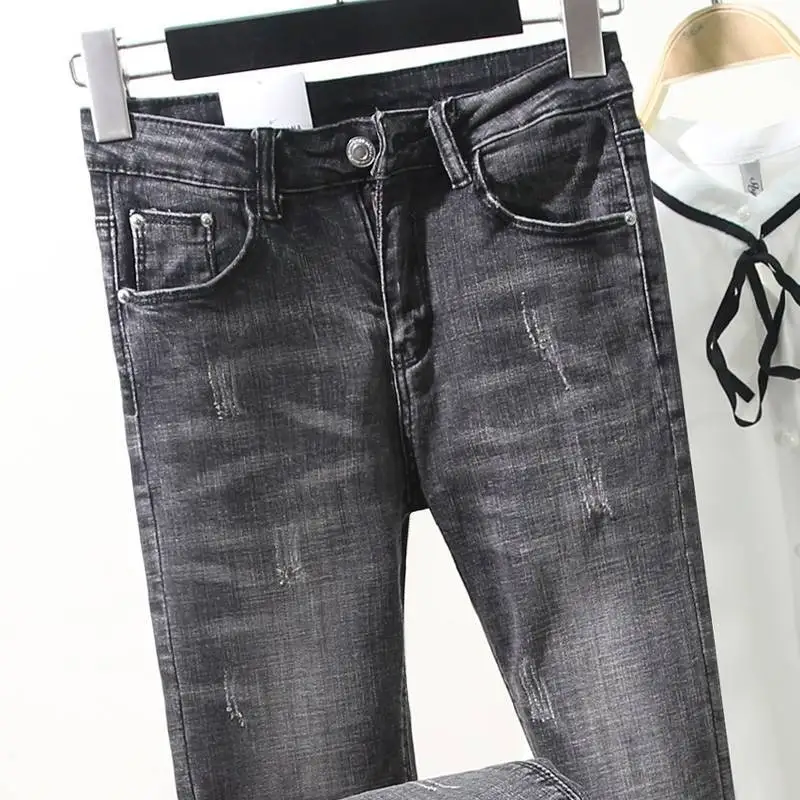 

Woman Jeans Pants High Waist Ripped Jeans Skinny Spring and Autumn Stretch Black Gray Skinny Pants