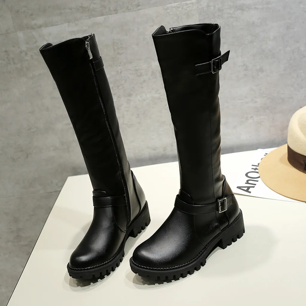 Fashion Knee-high Long Boots Pure Color Round Toe Zipper Keep Warm Snow Chunky Heels Buckle Strap Vintage Women | Обувь