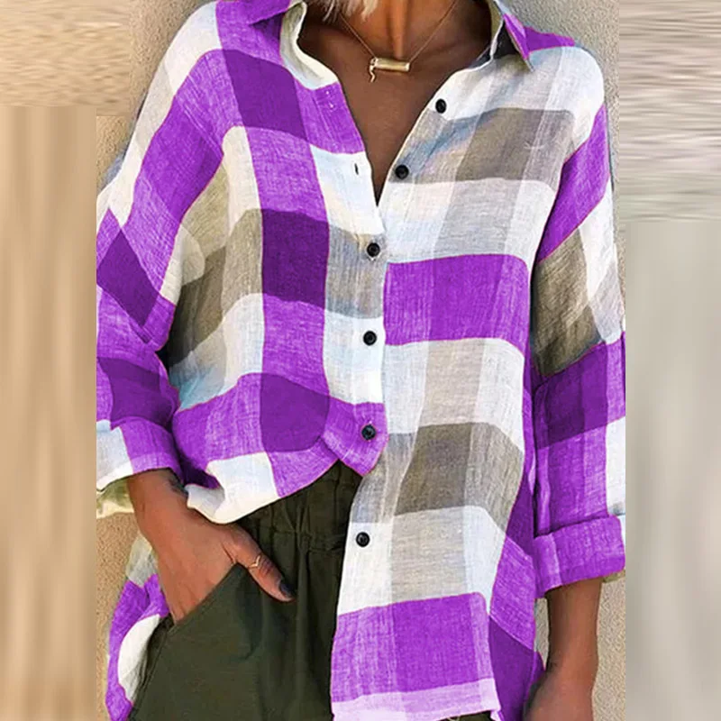 

Women Casual V Neck Button Blouse Shirts Autumn Sexy Long Sleeve Plaid Print Tops Lady Plus Size Blusa Streetwear New