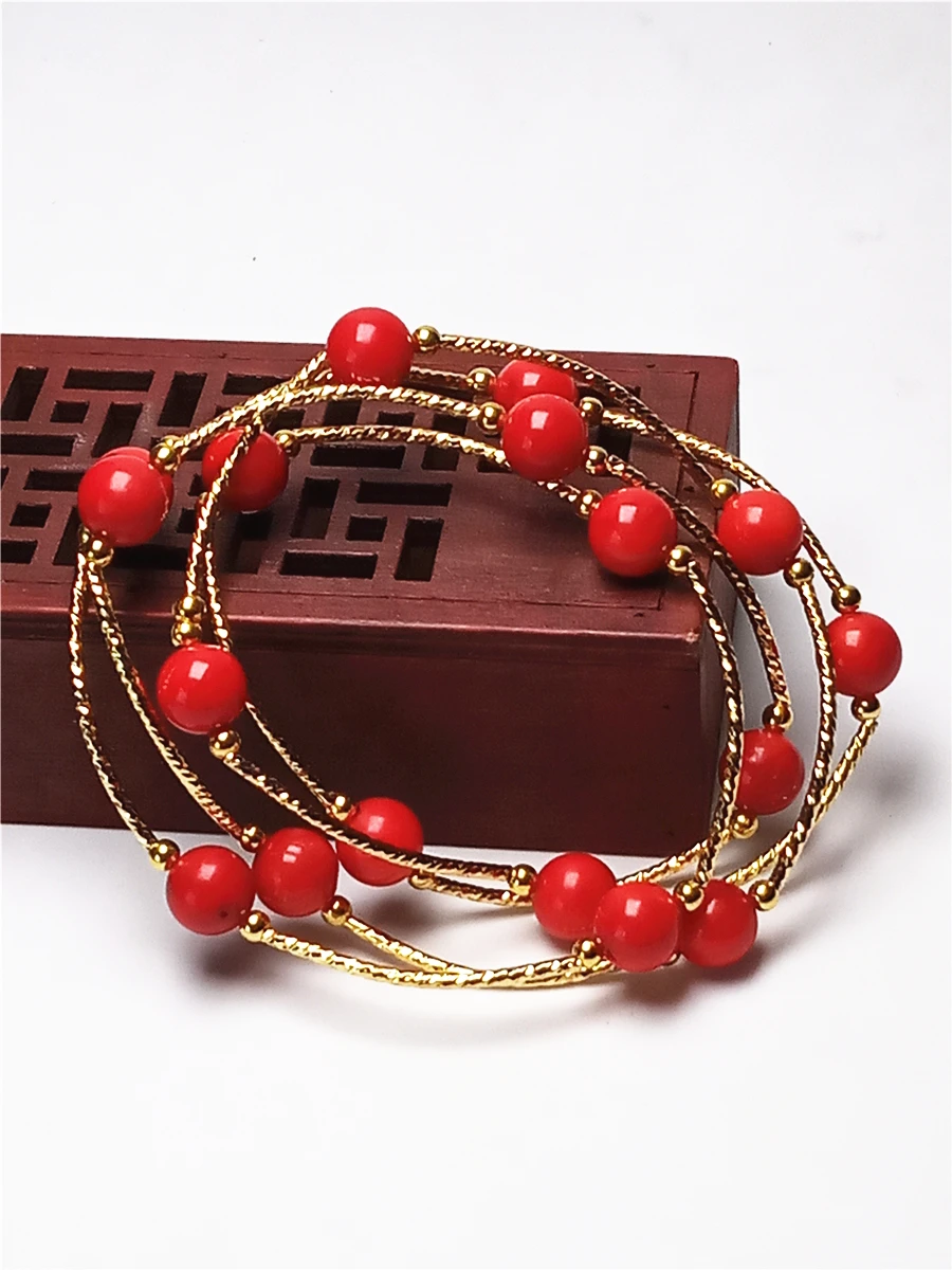 

LETSFUN Natural 14K Yellow Gold Handmade Red Coral 8mm Beads Necklace Bracelet Jewelry Gifts