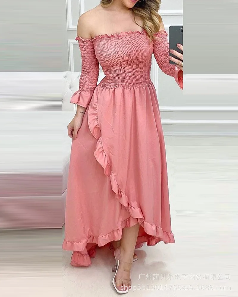 

Women's Pink Ruffle Dress Sexy Long Sleeve Off Shoulder Corset Ruched Strapless Ladies Long party Dress 2021