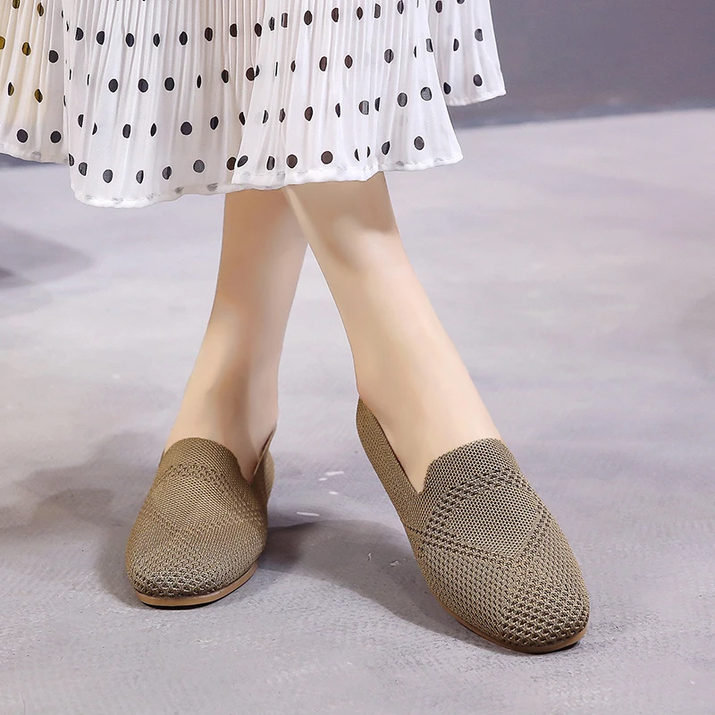 SLHJC Women Summer Autumn Flats Shoes Knit Fabric Breathable Loafers Square Toe Flat Heel Slip Resistance Sneakers Ballet Shoes