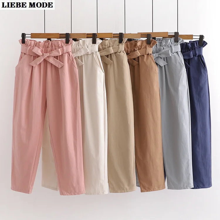 

Женские брюки-султанки с высокой талией, повседневные свободные офисные брюки карамельных цветов в Корейском стиле, лето 2021