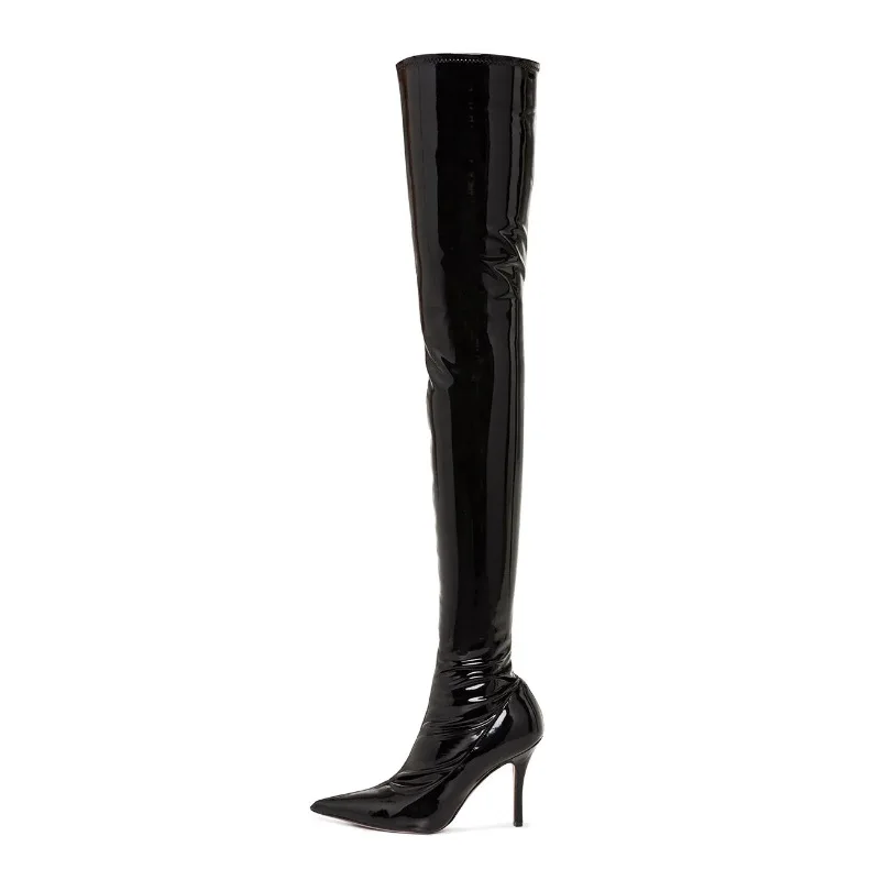 

New slim heel purple knee boots large women's shoes Patent Leather Elastic boots in spring and autumn 2020
