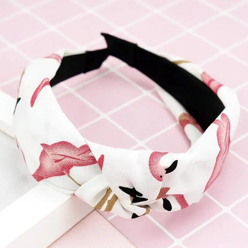 

Crossed Turban Headband Flamingo Printed Elastic Hair Bands Wide Chiffon Accessories Headwear Summer