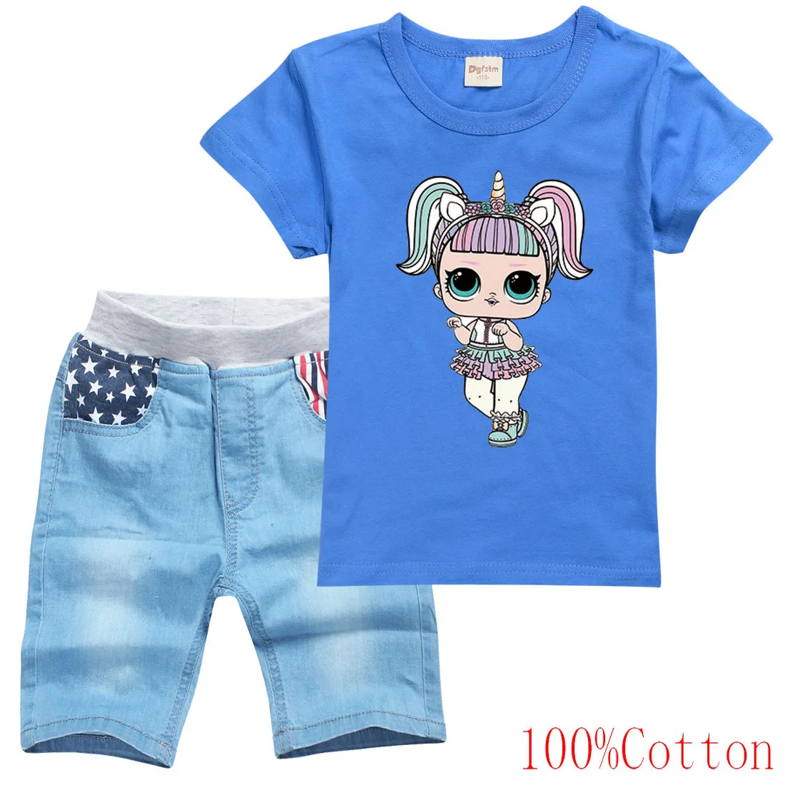

Surprise kid cartoon doll girl suit summer clothes short-sleeved cotton T-shirt + five-point jeans children's lol clothes suit