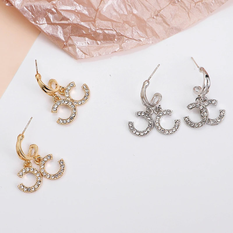 

New Double C-Shape Pendant Stud Earrings for Women Crystal Big Dangle Earring Wedding Jewelry Statement