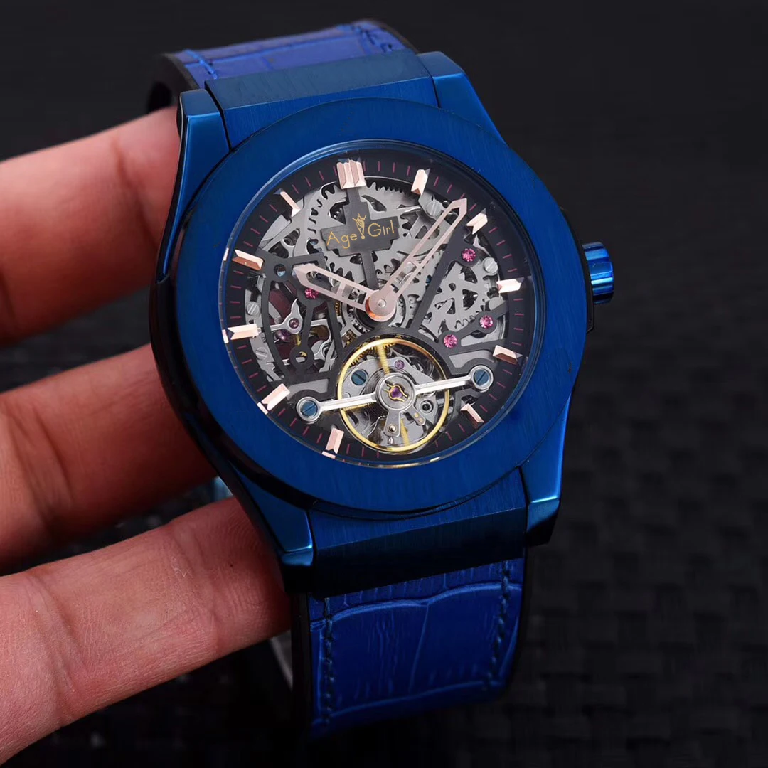 

Luxury Brand New Men Rose Gold Silver Black Blue Grey Titanium Leather Automatic Mechanical Sapphire Tourbillon Skeleton Watch