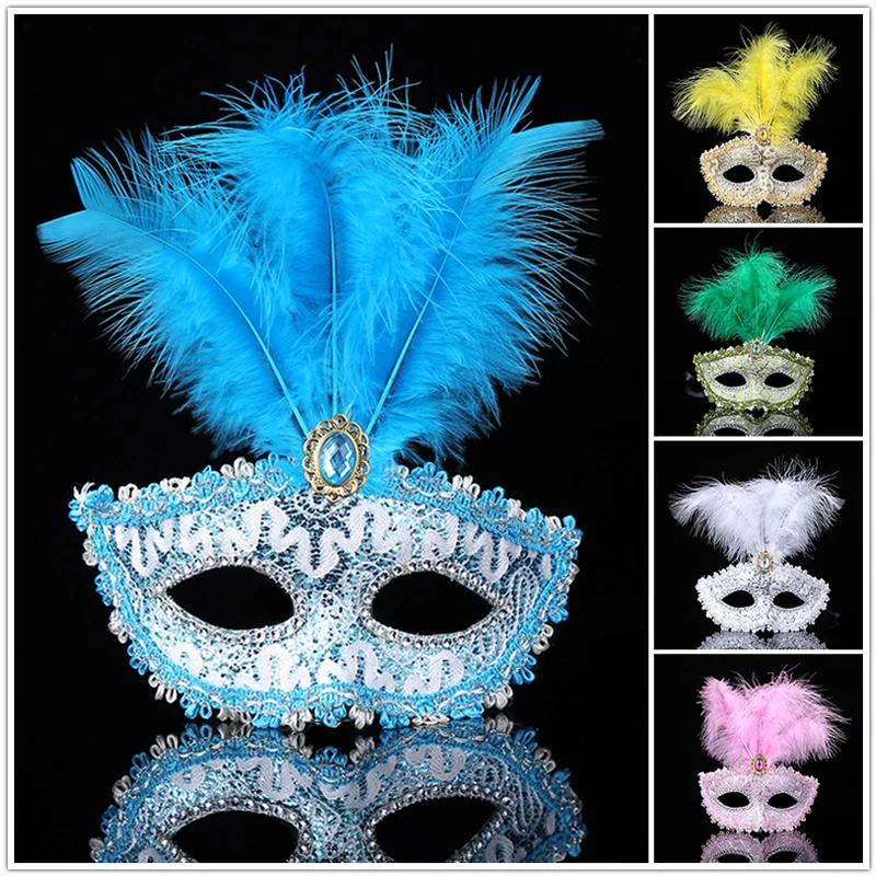 

Venetian Masquerade Mask on Stick Mardi Gras Costume Eyemask Printing Halloween Carnival Hand Held Stick Feathers Party Masks