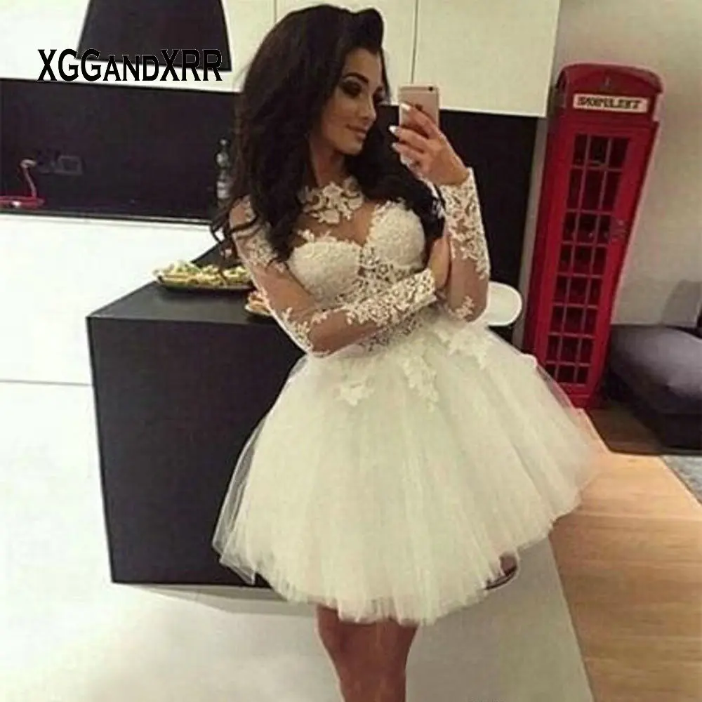

Elegant Long Sleeves Lace Short Wedding Dress 2022 O Neck Lace Applique White Cocktail Dresses Mini Birthday Party Dress