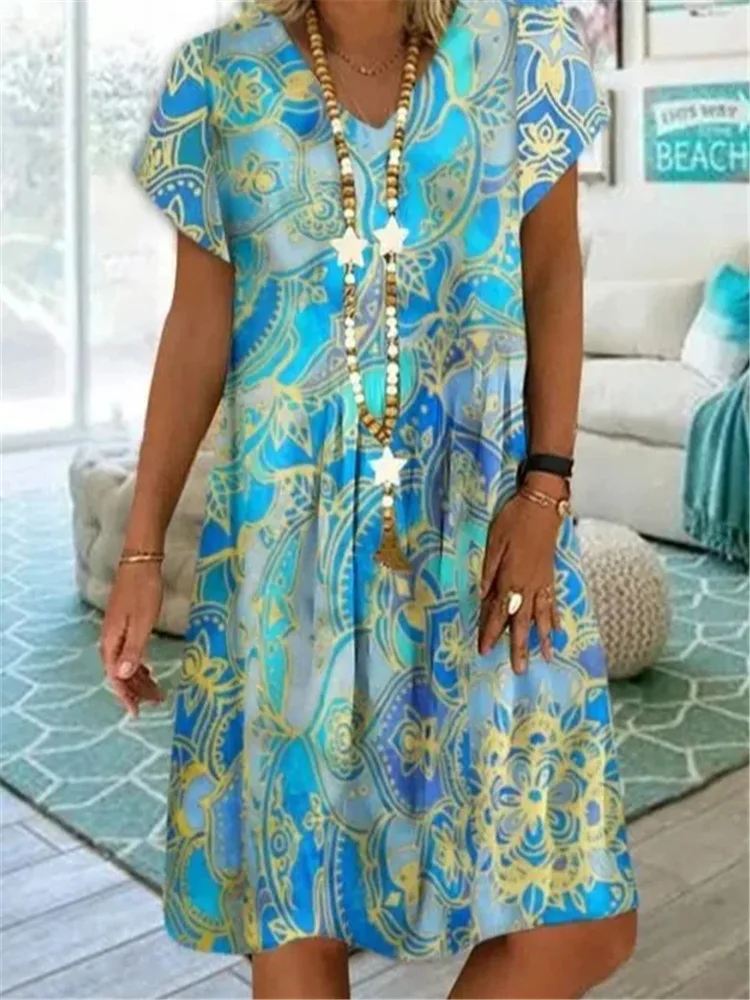 

Women Dress Summer Fashion Casual V Neck Floral Print Loose Short Sleeve Plus Size White Ladies Dress 2021 New