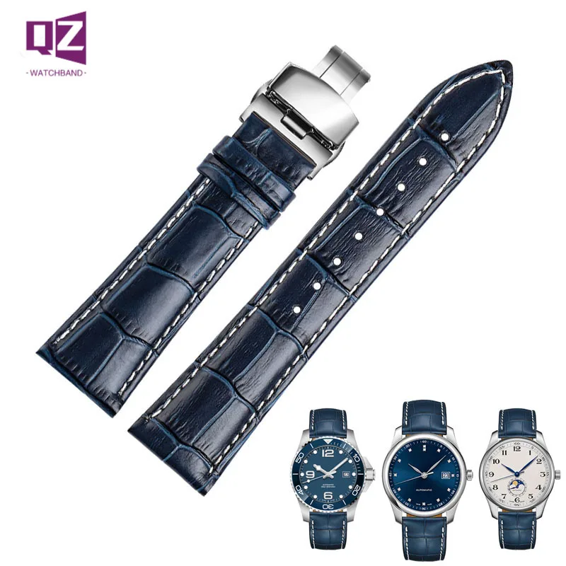 COW LEATHER Watch Strap 19 20mm 21 22mm watchband for Longines citizen watch band blue White stitche Genuine leather bracelet