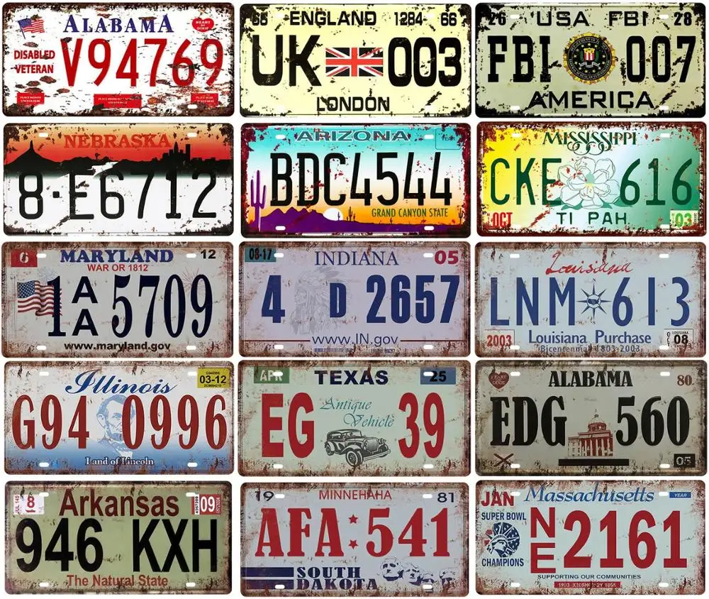 

Vintage CAR Decorative License Plate Plaque Metal Tin Signs Bar Pub Pin Up Home Wall Decor Picture Numbers Iron Craft Paintings