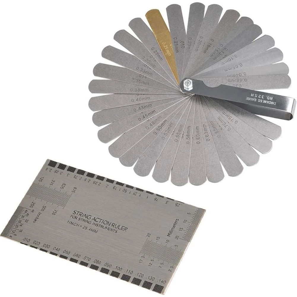 

32 Balde Feeler Gauge Action Ruler Imperial Metric Gap Measuring Tool for Guitar Player Luthier Mechanic Auto Repair 2PCS