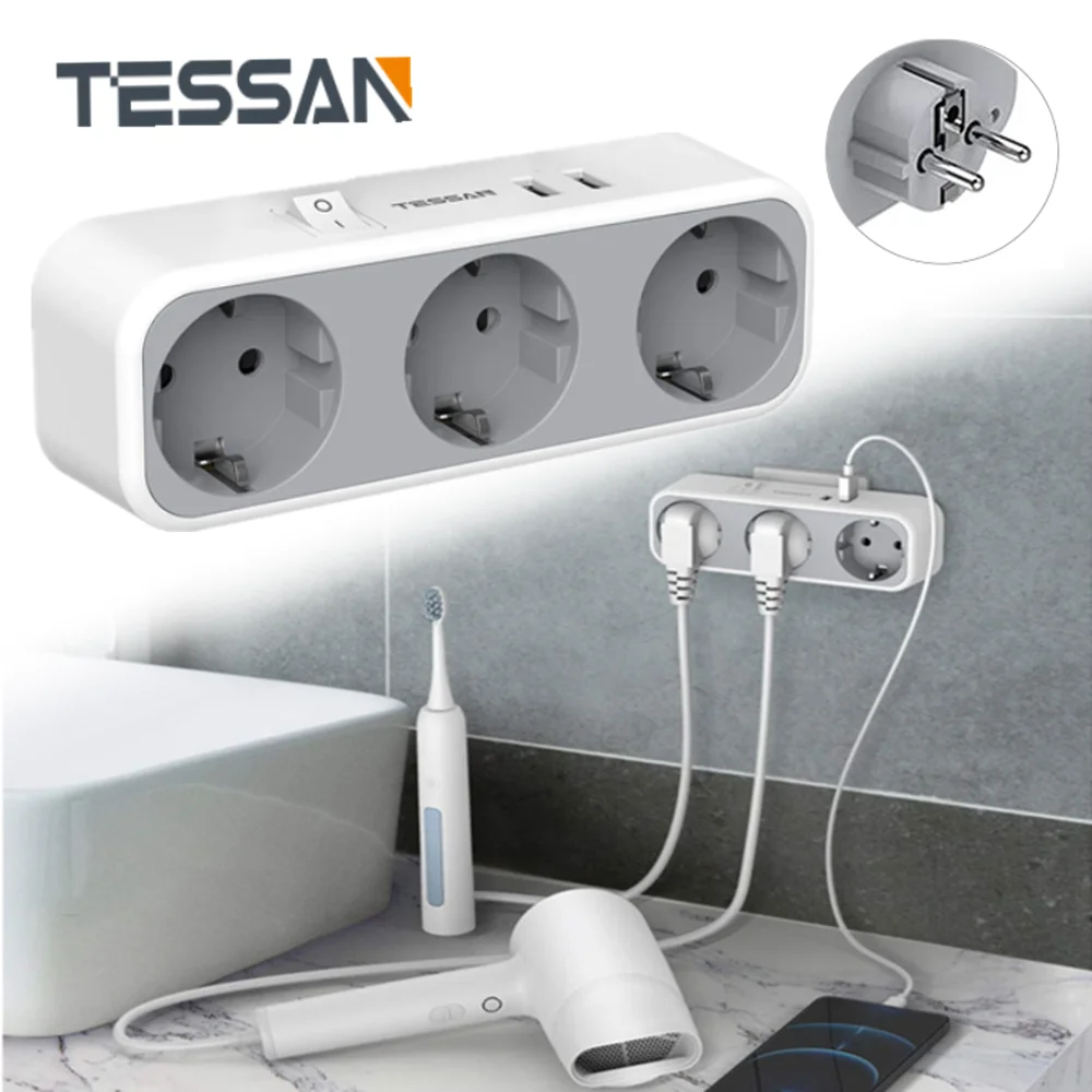 

TESSAN Power Plug Adapter with On/Off Switch 2 USB Charger and 3 Outlets EU Plug Socket for Office/Home/Travel USB Power Strip
