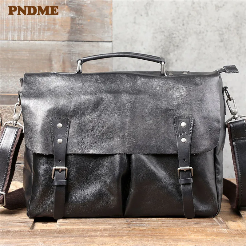 PNDME fashion high-quality genuine leather men's briefcase business natural real cowhide handbag luxury laptop messenger bags