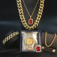 luxury men gold color watch necklace bracelet ring combo set ice out cuban watch jewerly necklace chain hip hop for men