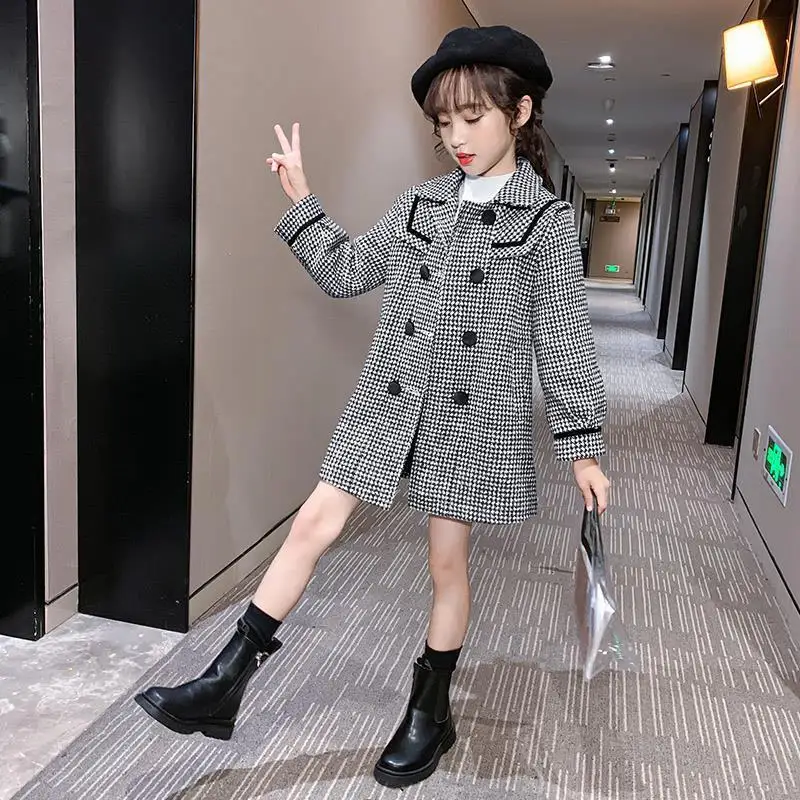 

2021 New Spring Autumn Girls Fashion Plaid Lapel Long Woolen Coat Woolen Coat