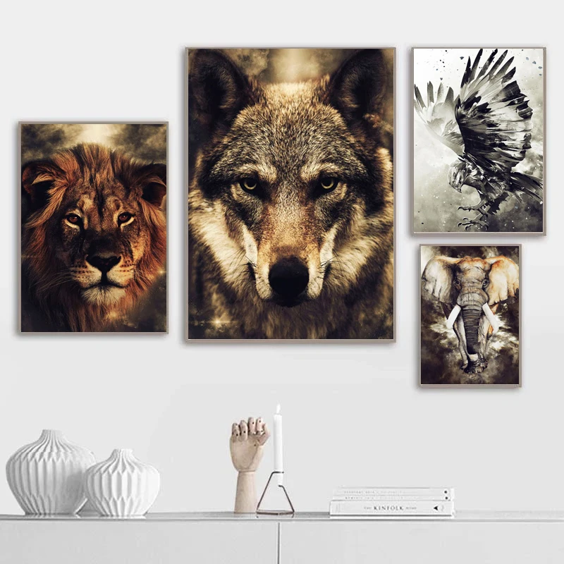 

Cool Wolf Lion Eagle Elephant Wall Art Canvas Painting Nordic Posters and Prints Wall Pictures for Living Room Boy Home Decor