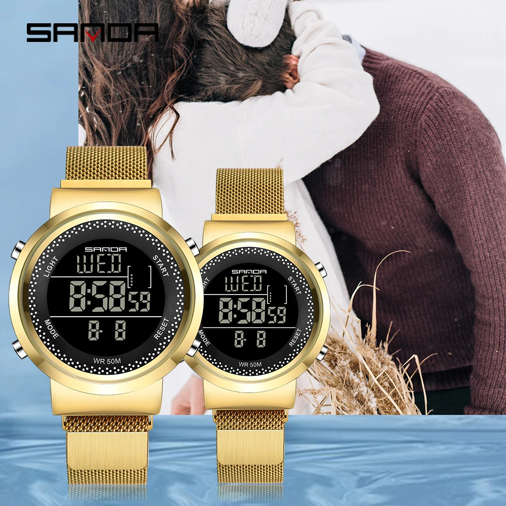 SANDA New Fashion Stainless Steel Mesh Belt Waterproof Quartz Watch Sports Electronic Digital Couple Watch For Men Women Watches