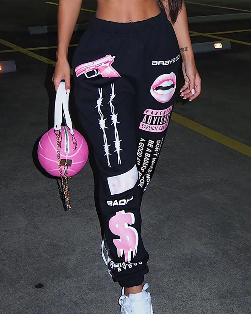 Шаровары женские с принтом букв и губ повседневные штаны-султанки графическим