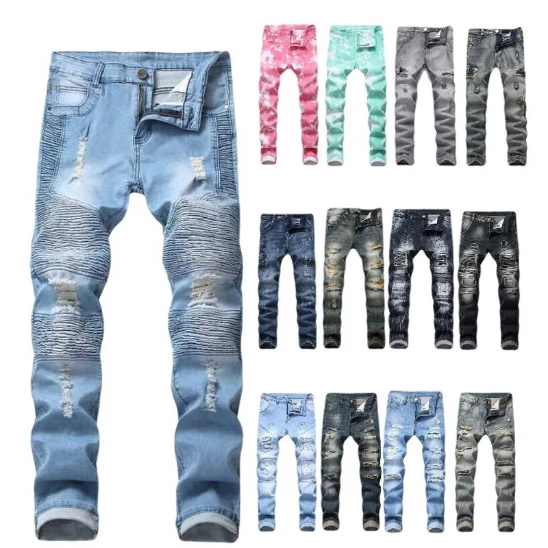 Multi-Style Male Jeans Multicolour Stretch Denim Pants Print Bikie Jeans Stretch Ripped Jeans Big Patch Jeans