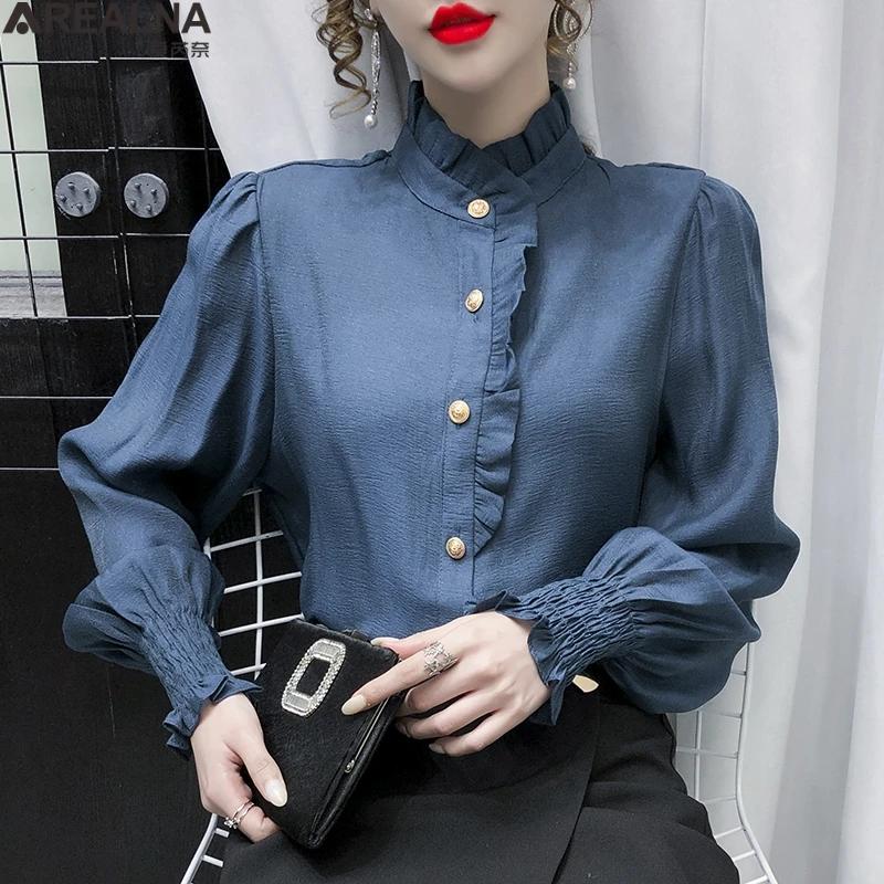 

Fashion Ruffled spring Fungus Women Blouses Stand Collar Ladies Tops Vintage puff sleeve Shirts Korean Sweet Loose Clothes Women