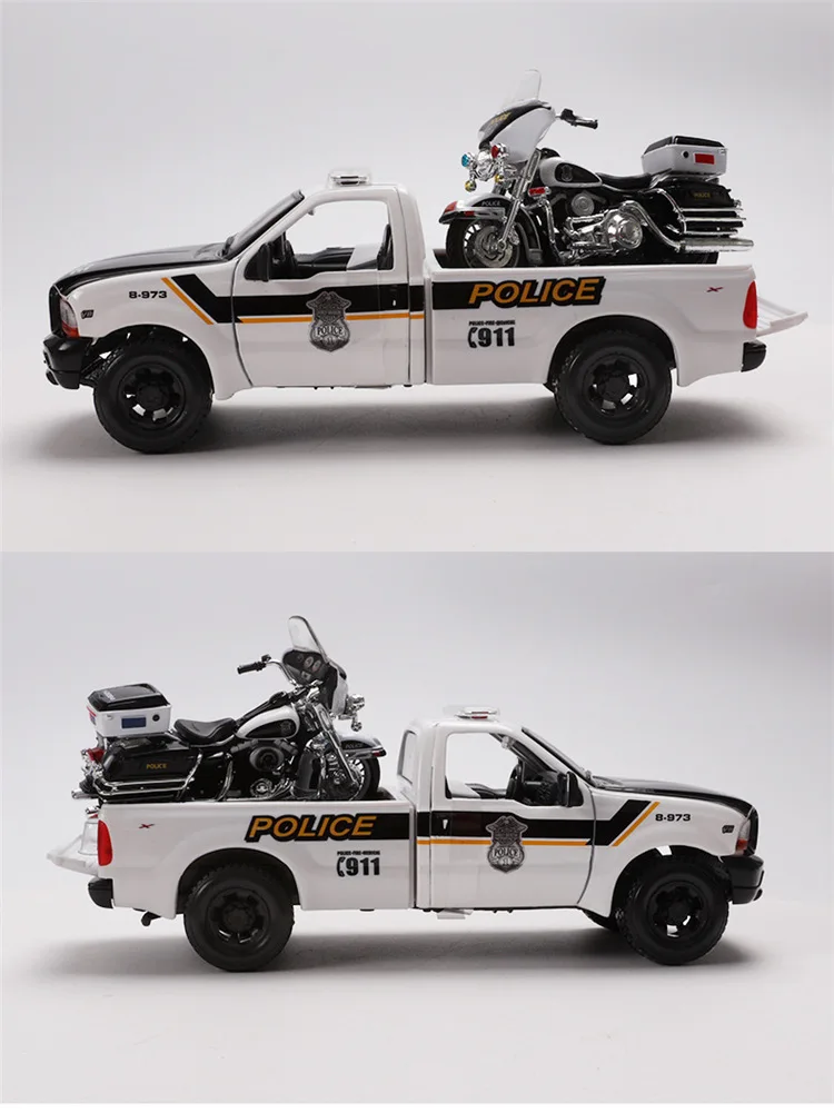 Лучшие продажи 1:24 F350 полицейский пикап+ Harley-Motor модель сплава, моделирование литья под давлением модель, коллекция подарков