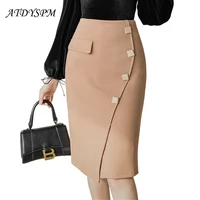 new spring women knee length skirts high waist work wear ol skirt with metal buttons elegant ladies stretch casual pencil skirt