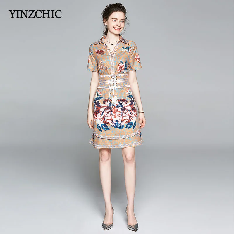 

New Summer Woman Print Dress Turn-down Collar Ladies Elegant Party Skirts Angels Printed Womans Party Layered Skirt Dress