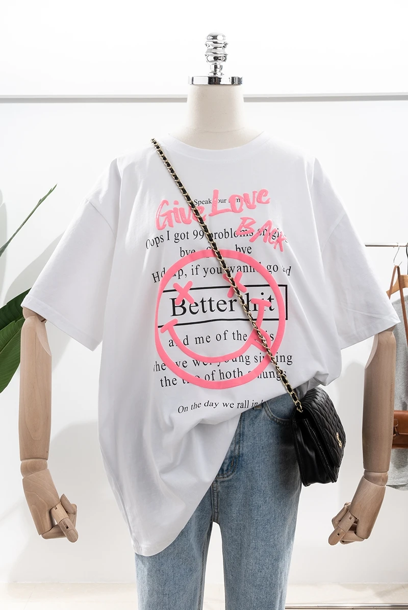 

Korean Style Summer New Loose Fashion Pink Smiley Face Puff Print Cotton Short Sleeve Mid-Length T-shirt for Women Tops