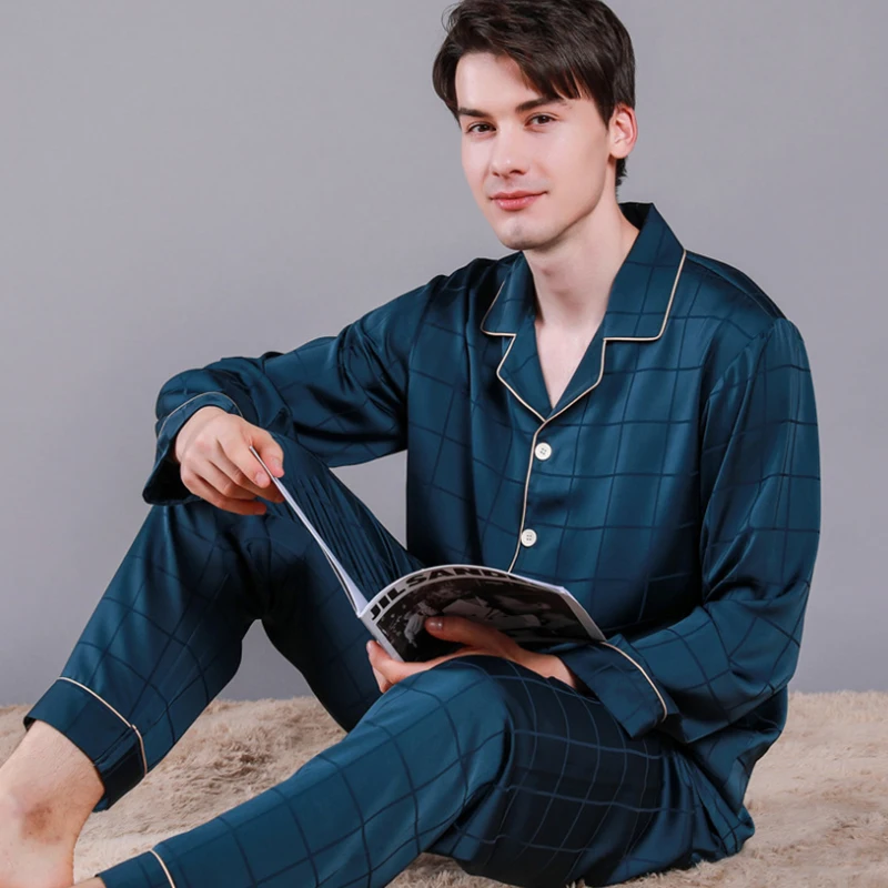 Brand 100% Real Silk Men Pajamas High Quality Long-Sleeved 2 Pieces Pajama Pants Sets Male Mulberry Silk Pyjama Homme