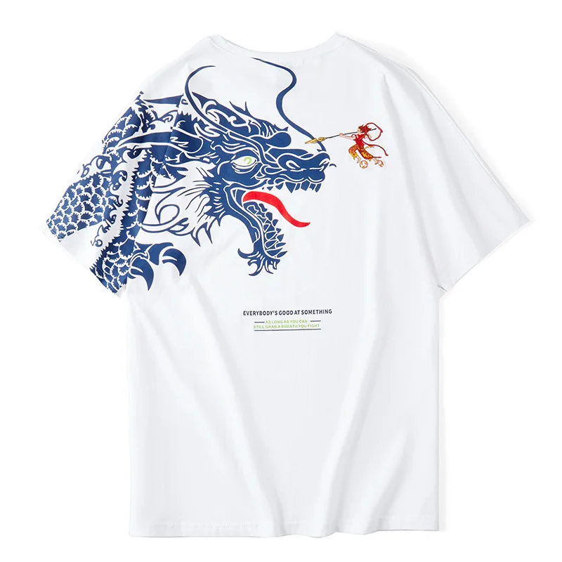 2020 Summer men's t-shirt loose large size personalized cotton tide short-sleeved T-shirt male Chinese style Nezha embroidery | Мужская