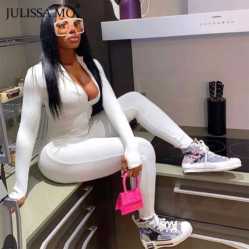 Женский трикотажный комбинезон JULISSA MO на молнии с V образным вырезом и длинным
