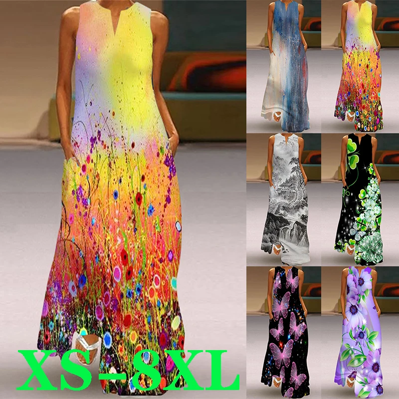 

V-neck Sleeveless Print Long Dress Summer Beach Loose Casual Bohemian Dress Fashion Party Dress Plus Size