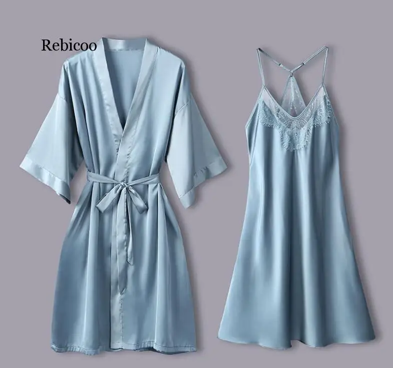 

2PCS Bride Bridesmaid Wedding Robe Suit Sexy Women Satin Sexy Kimono Bathrobe Gown 2020 Spring New Intimate Lingerie Sleepwear