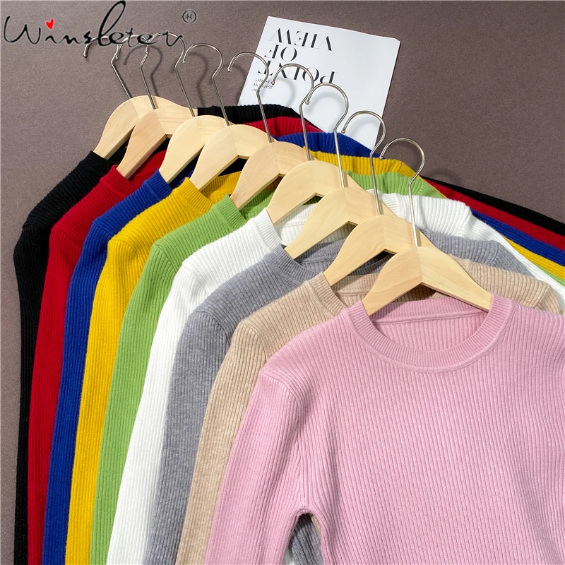 Fall Winter Covering Yarn Sweater Solid Women Knitted O-Neck Casual Slim Pullover Womens Elasticity Bottoming Shirt Tops T08701L | Женская