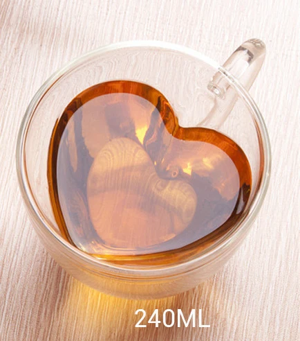 240ml Сердце любовь в форме двойных стенных стаканов кружка устойчивая кунг-фу чай кружки молоко чашка для лимонного сока посуда для напитков любовник кофе чашки кружка подарки - Цвет: 240ml