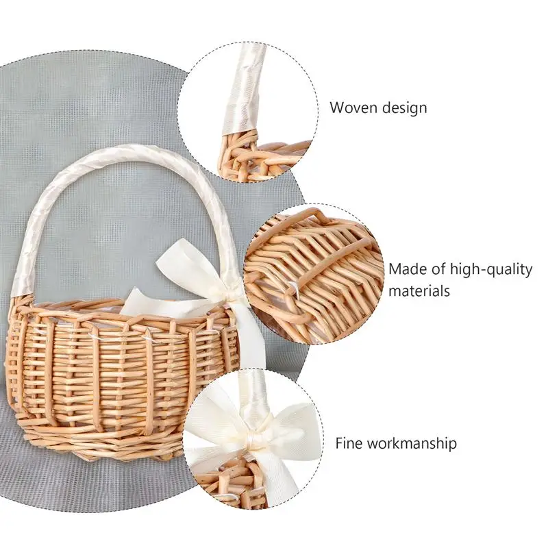 

1Pc Woven Flower Basket Hand-Held Basket Wedding Party Decorative Basket Gift Kitchen Storage Container (Khaki)