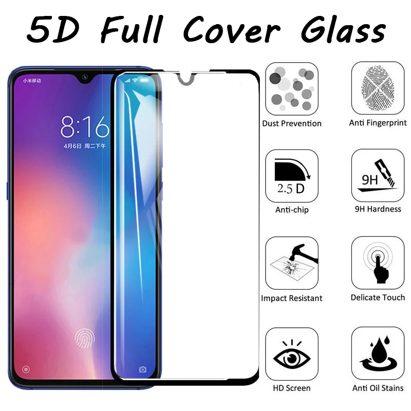Черное защитное стекло с полным покрытием для телефона Xiaomi Mi 9 HD закаленное 5D 8 Glasa