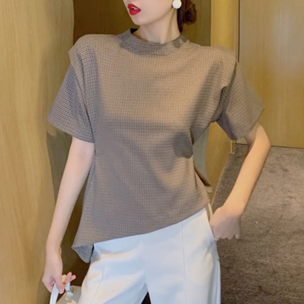 

2021 Summer New Retro Short Sleeve Fashion Irregular T-Shirt Lattice Round Neck Summer Casual Thin Temperament
