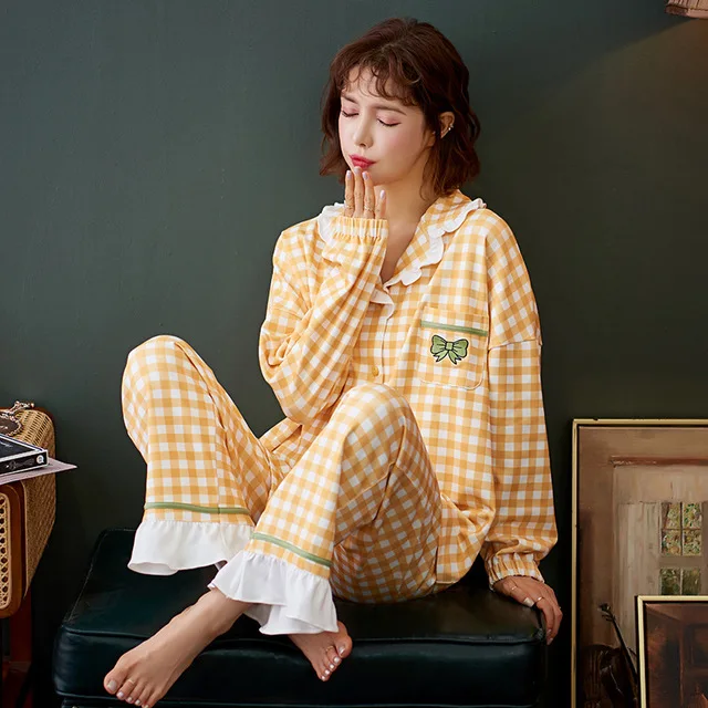 

Kawaii Pink Lattice Pijamas Femme Long Sleeve Homewear Autumn Warm Sleep Tops With Pockets Loose Pyjama Cotton Pajamas For Women