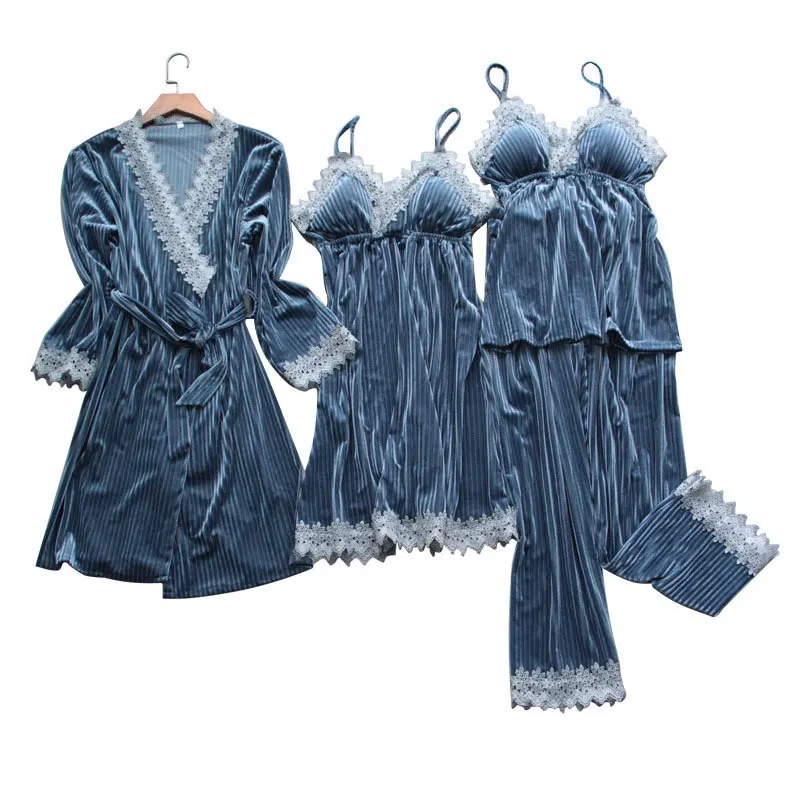 

Women Velour 4PCS Pajamas Suit Intimate Lingerie Autumn Winter New Home Clothing Bathrobe Gown Sexy Lace Homewear Sleep Set