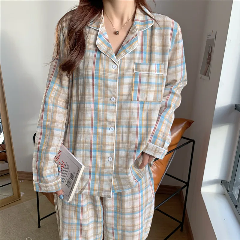 

Korean Yellow Grid Girls Pajamas Set Cute Winter Long Sleeve Leisure Sleepwear For Women Loose Nightwear Homewear Suit