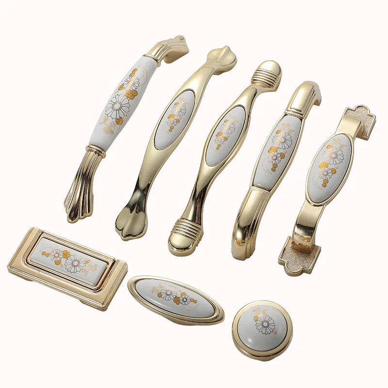 JD European Cabinet Wardrobe Door Single Hole Handle Gold Ceramic Handle Modern American Flower Pattern Drawer Furniture Handle